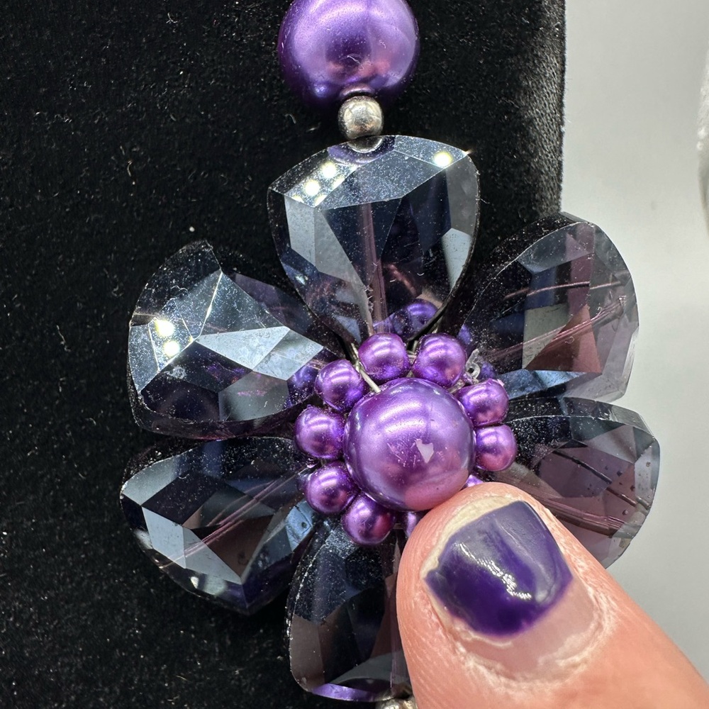 Glass Beaded Faux Pearl Silver Tone Floral Purple Jewelry Statment Necklace 20” - Picture 7 of 7
